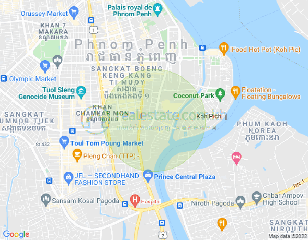 Map of Tonle Bassac, Chamkarmon, Phnom Penh