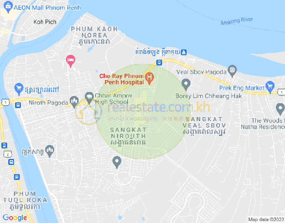 Mapa: road 1, 2.5 kilometers far from Preah Monivong Bridge. Along National road 1, 2.5 kilometers far from Preah Monivong Bridge. Along National, Nirouth, Chbar Ampov, Phnom Penh