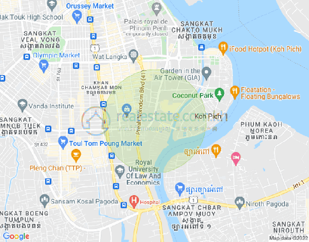 Map of Tonle Bassac, Chamkarmon, Phnom Penh