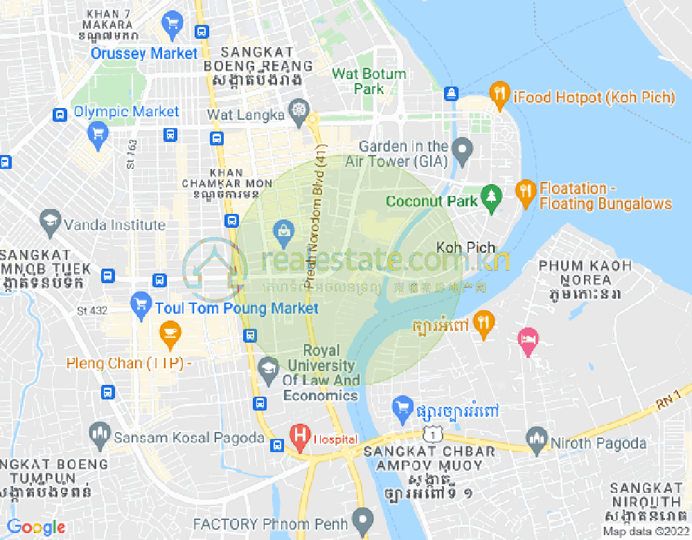 Map of Tonle Bassac, Chamkarmon, Phnom Penh