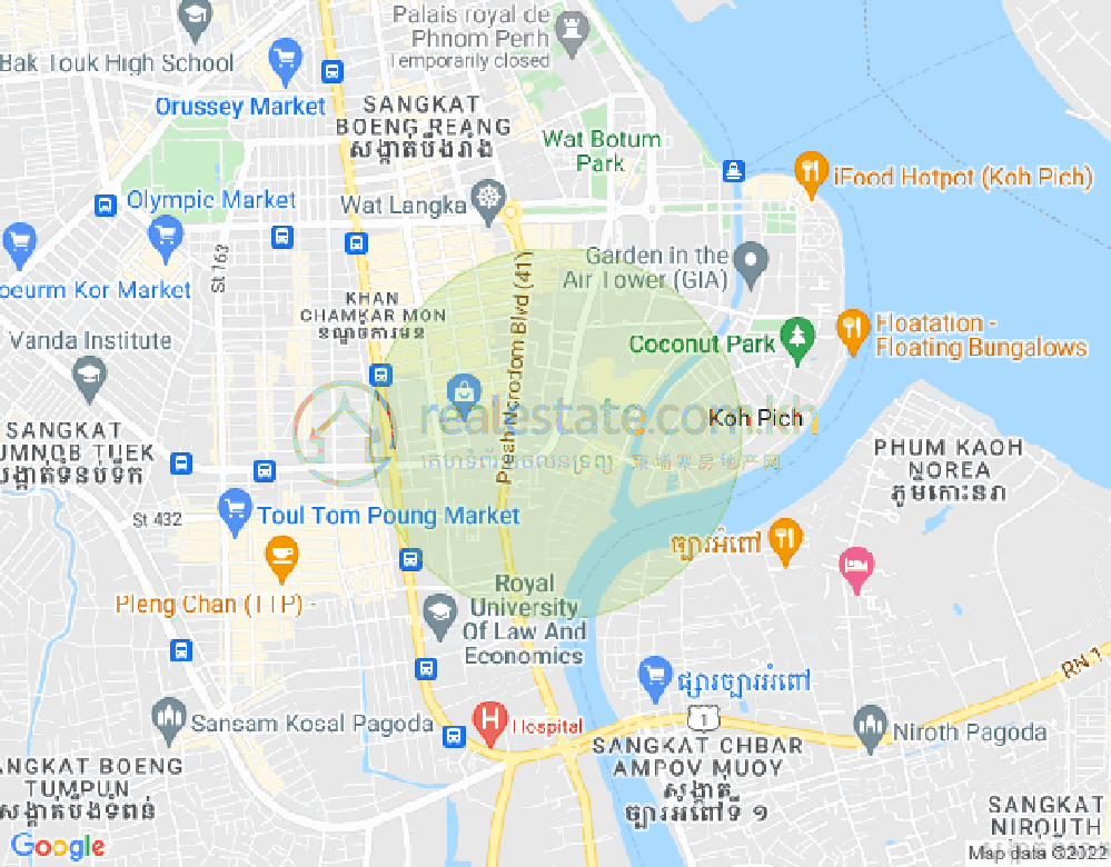 Map of Tonle Bassac, Chamkarmon, Phnom Penh