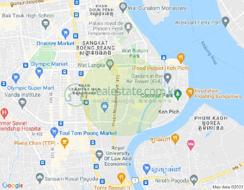 Map of Tonle Bassac, Chamkarmon, Phnom Penh