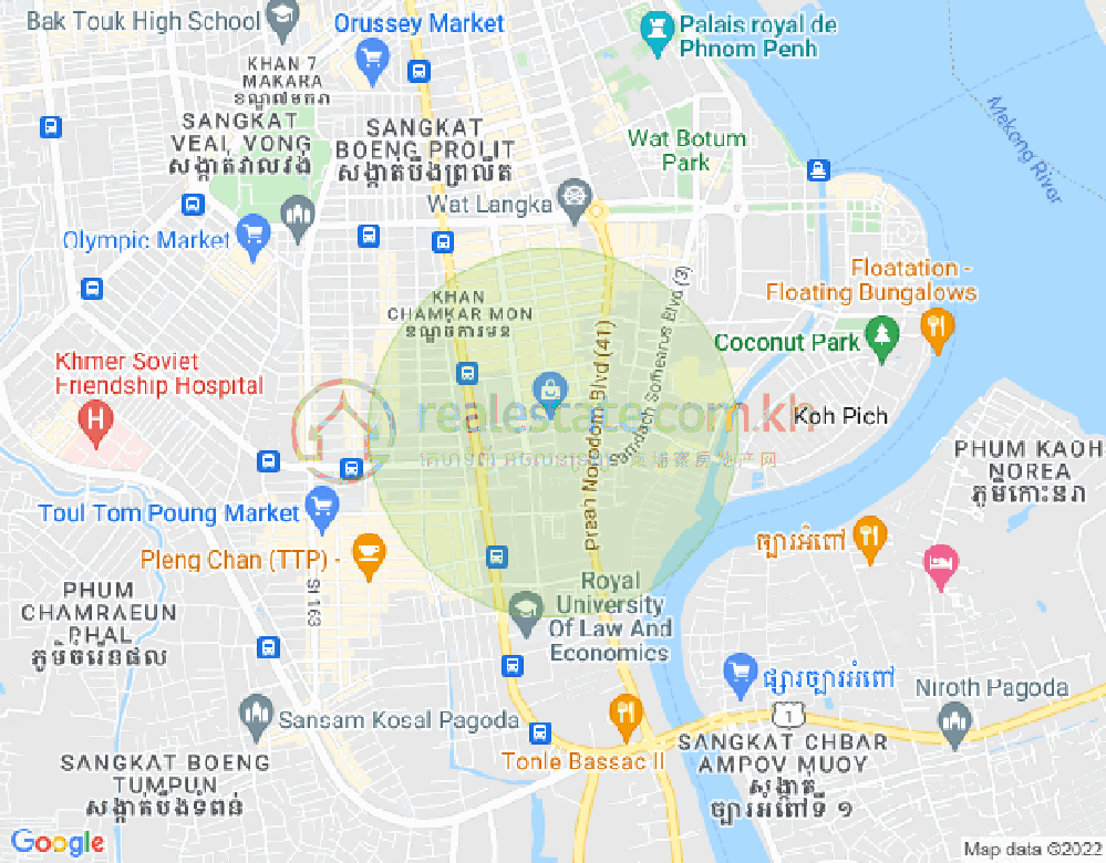 Map of Tonle Bassac, Chamkarmon, Phnom Penh