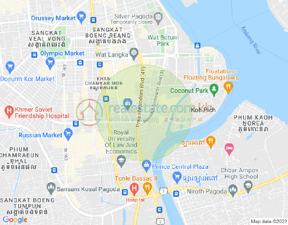 Map of Tonle Bassac, Chamkarmon, Phnom Penh