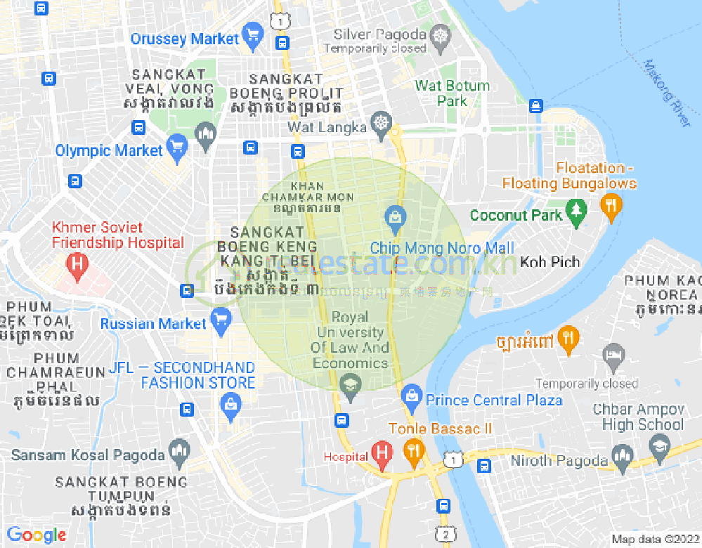 Map of Tonle Bassac, Chamkarmon, Phnom Penh