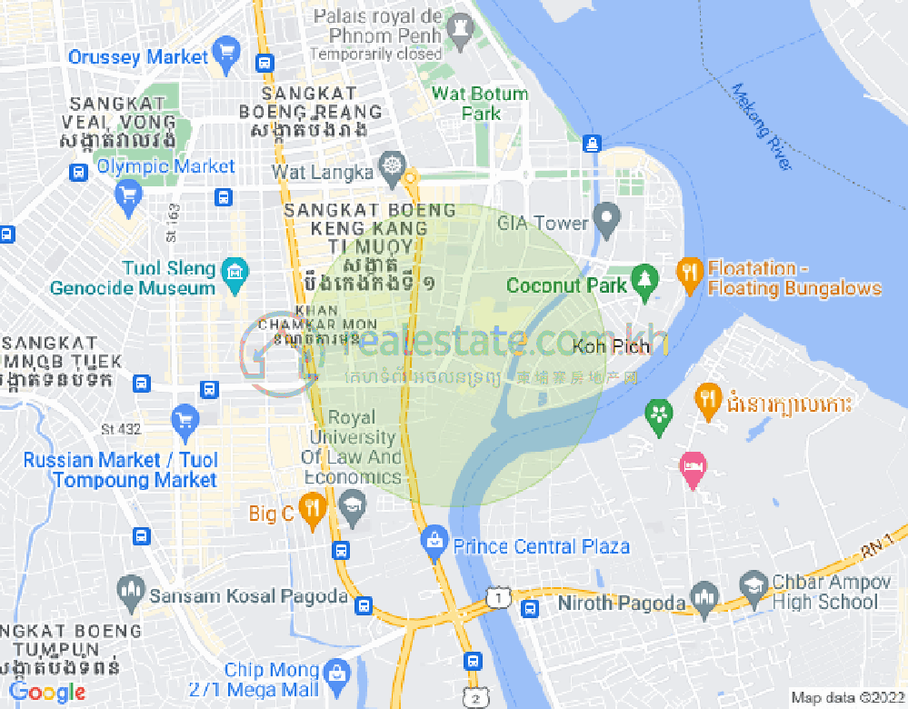 Mapa: Tonle Bassac, Chamkarmon, Phnom Penh