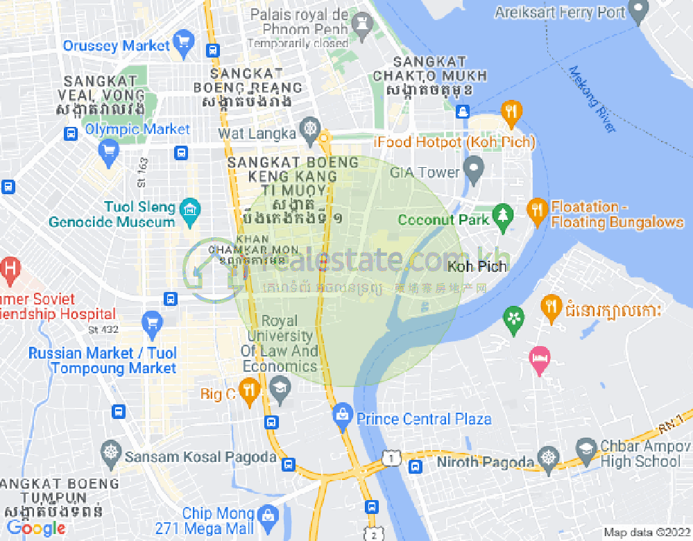 Mapa: Tonle Bassac, Chamkarmon, Phnom Penh