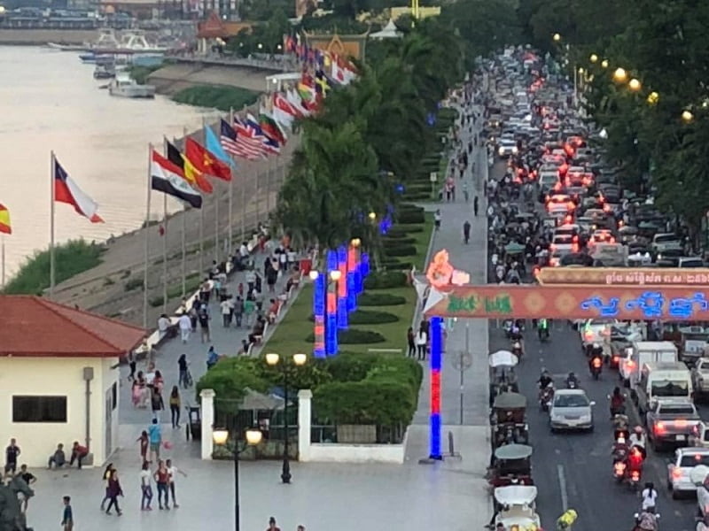 Aerial view of Phnom Penh's riverside