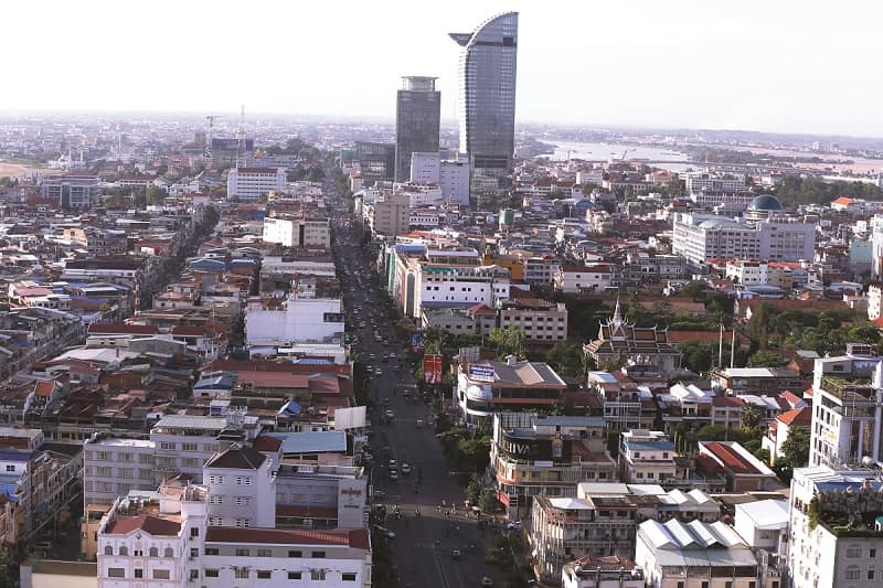 An aerial shot of Phnom Penh, Cambodia